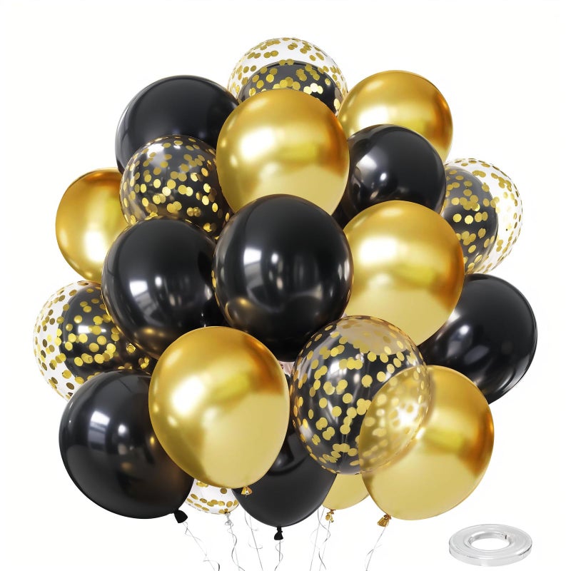 Zesliwy Black and Gold Confetti Balloons, 50 Pack Gold Metallic and Black Latex Balloons for Birthday Graduation Annivesary New Year Party Decorations. - Image 1
